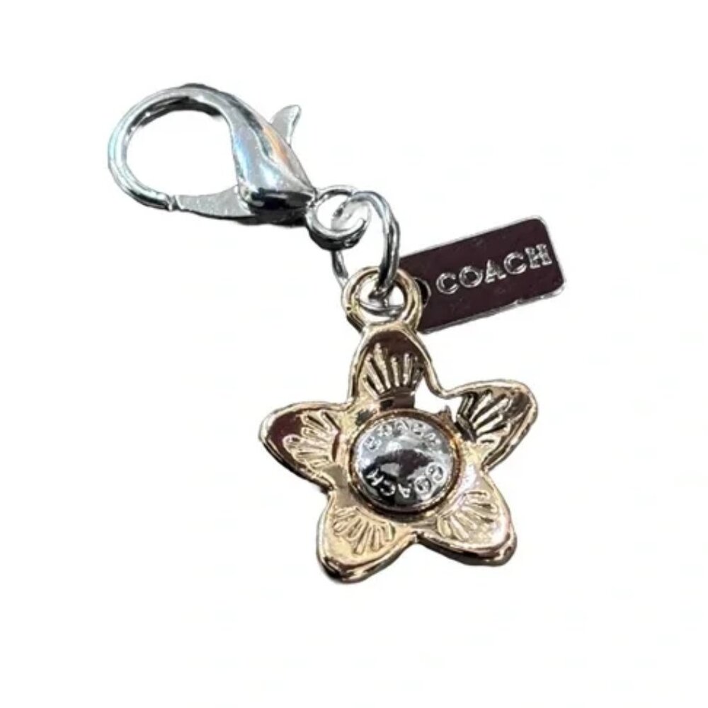 Coach Floral Silver/Gold Bag Charm Keychain EUC - Picture 2 of 5